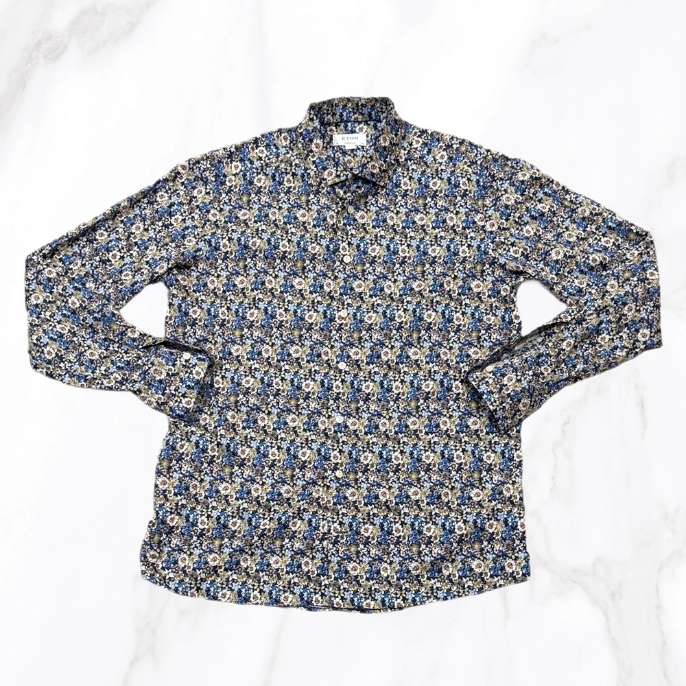 Eton Mens Blue Floral Contemporary Fit Long Sleeve Button Up Dress Shirt, Size L